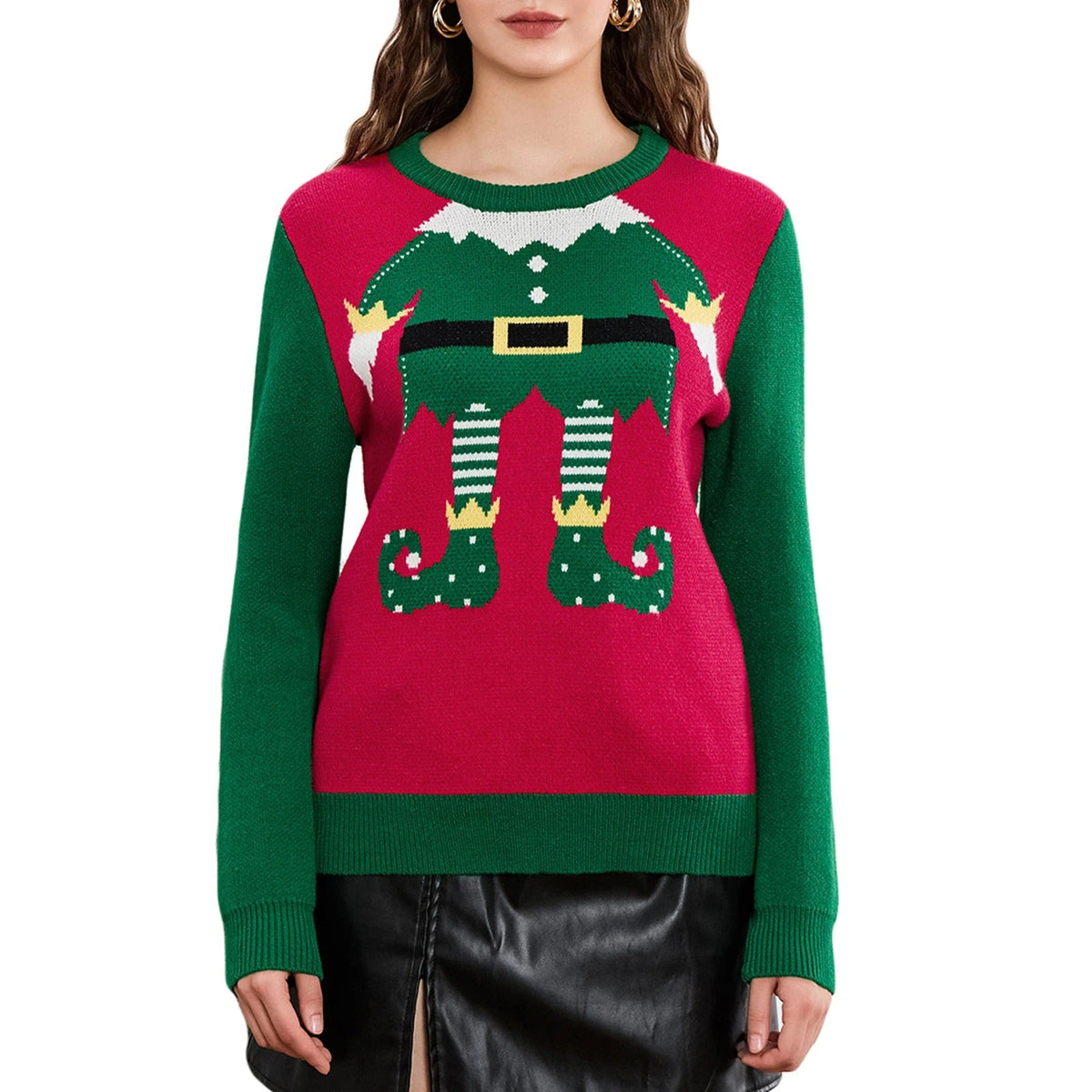 Women's Christmas Elf Sweater – Festive Red and Green Long Sleeve Knit Pullover