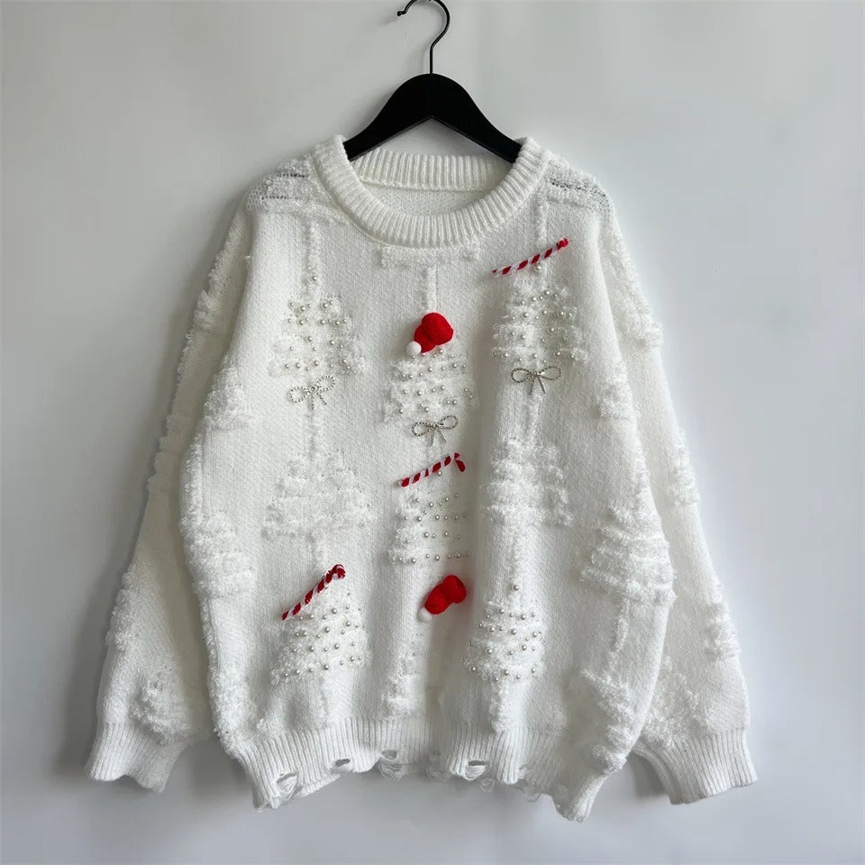 Women's Red Christmas Knit Sweater – Pearl Embellishments & Bow Details