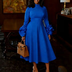 Women's Elegant A-Line Midi Dress – High Neck, Long Sleeves & 3D Floral Cuffs