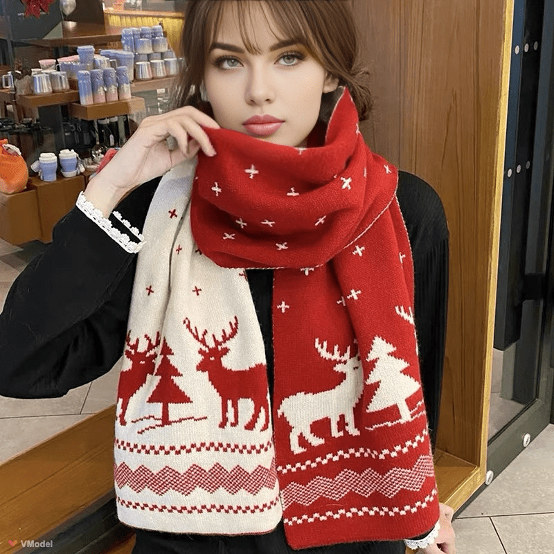 Women's Reversible Christmas Scarf | Deer and Elk Knit Pattern | Soft Wool Feel Winter Wrap for Festive and Daily Use