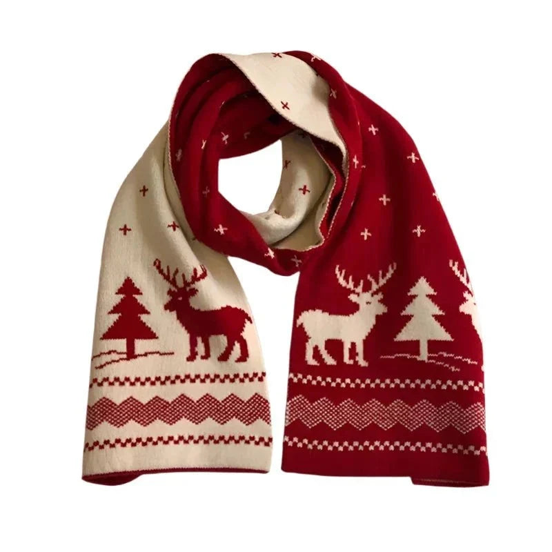 Women's Reversible Christmas Scarf | Deer and Elk Knit Pattern | Soft Wool Feel Winter Wrap for Festive and Daily Use