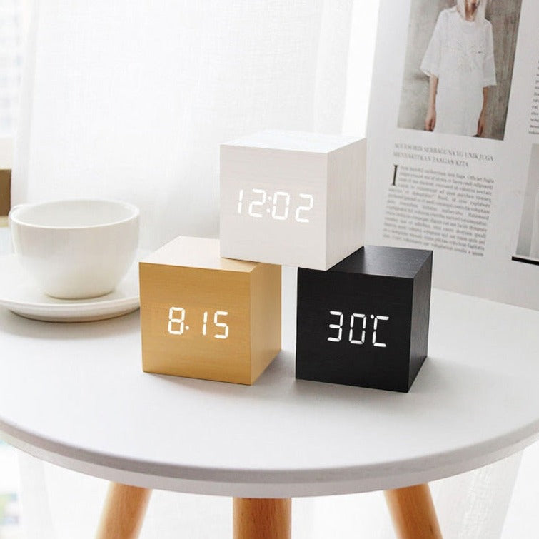 LED Alarm Clock with Sound Activation | Minimalist Wood Grain Design | USB or Battery Powered Time Date Temperature Display