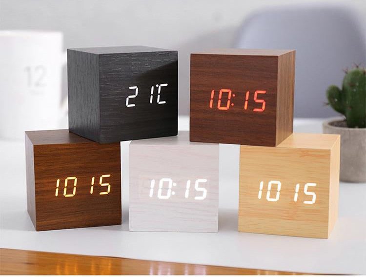 LED Alarm Clock with Sound Activation | Minimalist Wood Grain Design | USB or Battery Powered Time Date Temperature Display