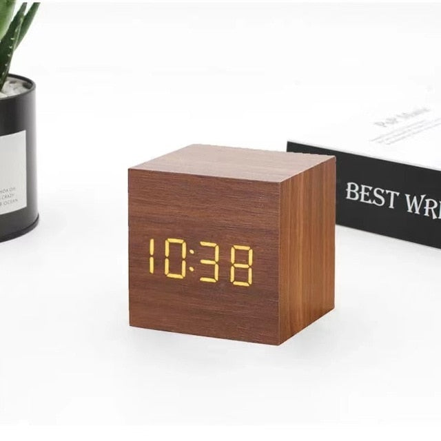 LED Alarm Clock with Sound Activation | Minimalist Wood Grain Design | USB or Battery Powered Time Date Temperature Display
