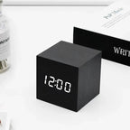 LED Alarm Clock with Sound Activation | Minimalist Wood Grain Design | USB or Battery Powered Time Date Temperature Display