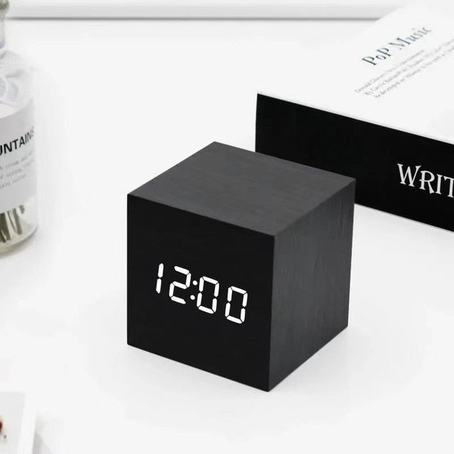 LED Alarm Clock with Sound Activation | Minimalist Wood Grain Design | USB or Battery Powered Time Date Temperature Display