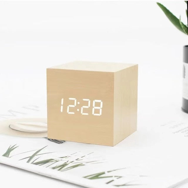 LED Alarm Clock with Sound Activation | Minimalist Wood Grain Design | USB or Battery Powered Time Date Temperature Display