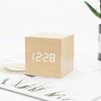LED Alarm Clock with Sound Activation | Minimalist Wood Grain Design | USB or Battery Powered Time Date Temperature Display