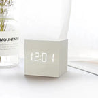 LED Alarm Clock with Sound Activation | Minimalist Wood Grain Design | USB or Battery Powered Time Date Temperature Display