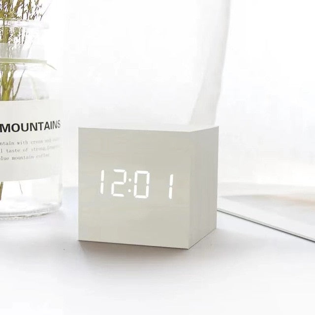 LED Alarm Clock with Sound Activation | Minimalist Wood Grain Design | USB or Battery Powered Time Date Temperature Display