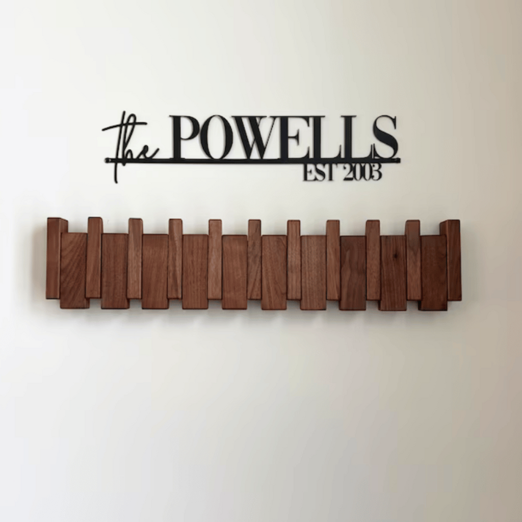 Piano Coat Rack Walnut and Beech Wood | Foldable Magnetic Hooks | Space-Saving Handmade Wall Storage for Entryway