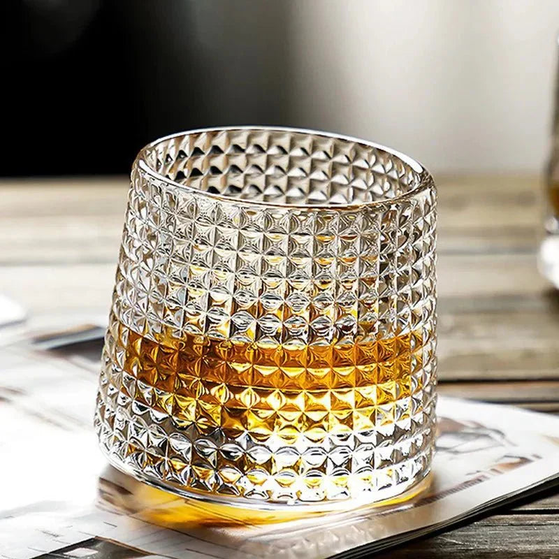 Rotating Whisky Glass Glass | Textured Ripple Effect | Aerating Swivel Base for Spirit Aroma and Flavor Profile Release