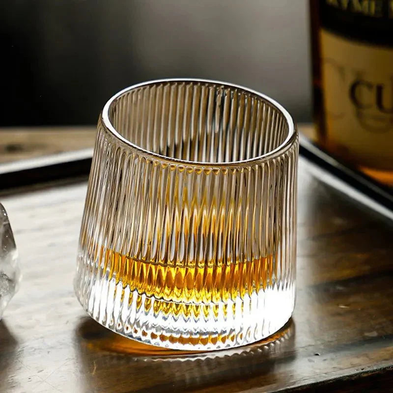 Rotating Whisky Glass Glass | Textured Ripple Effect | Aerating Swivel Base for Spirit Aroma and Flavor Profile Release