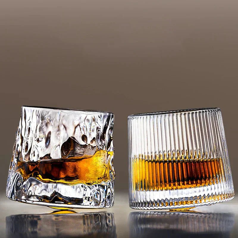 Rotating Whisky Glass Glass | Textured Ripple Effect | Aerating Swivel Base for Spirit Aroma and Flavor Profile Release