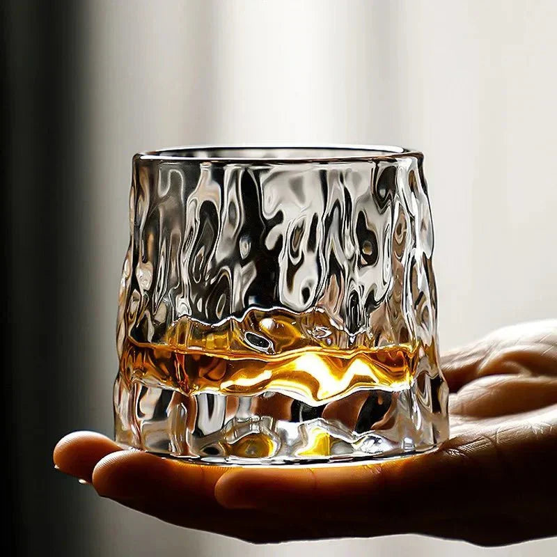 Rotating Whisky Glass Glass | Textured Ripple Effect | Aerating Swivel Base for Spirit Aroma and Flavor Profile Release