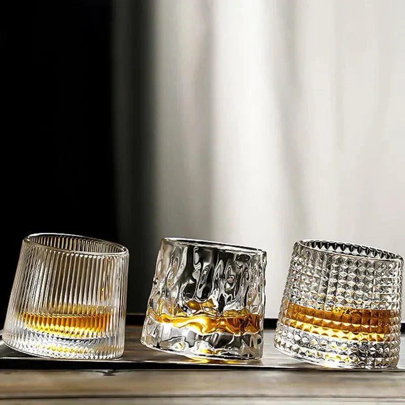 Rotating Whisky Glass Glass | Textured Ripple Effect | Aerating Swivel Base for Spirit Aroma and Flavor Profile Release