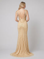 Women's Beaded Fit and Flare Evening Gown | Sleeveless Deep V-Neck Formal Christmas Party Dress | Full Length Lined Maxi