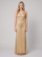 Women's Beaded Fit and Flare Evening Gown | Sleeveless Deep V-Neck Formal Christmas Party Dress | Full Length Lined Maxi