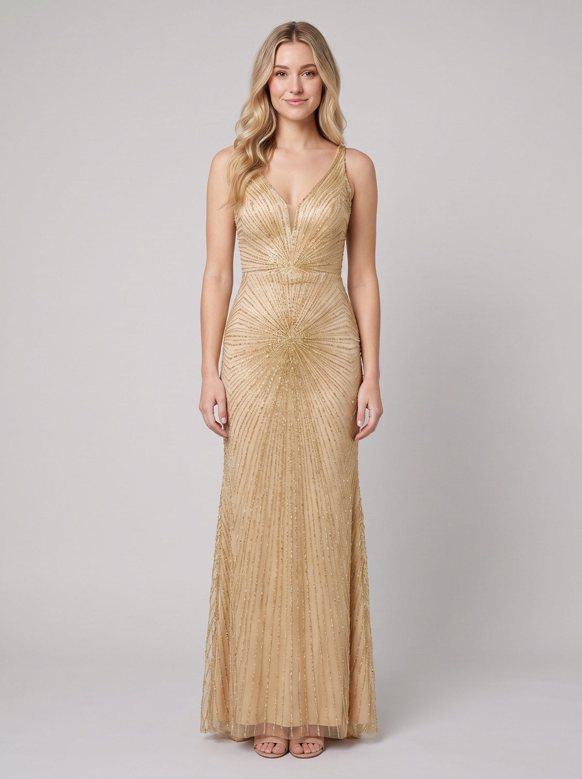 Women's Beaded Fit and Flare Evening Gown | Sleeveless Deep V-Neck Formal Christmas Party Dress | Full Length Lined Maxi