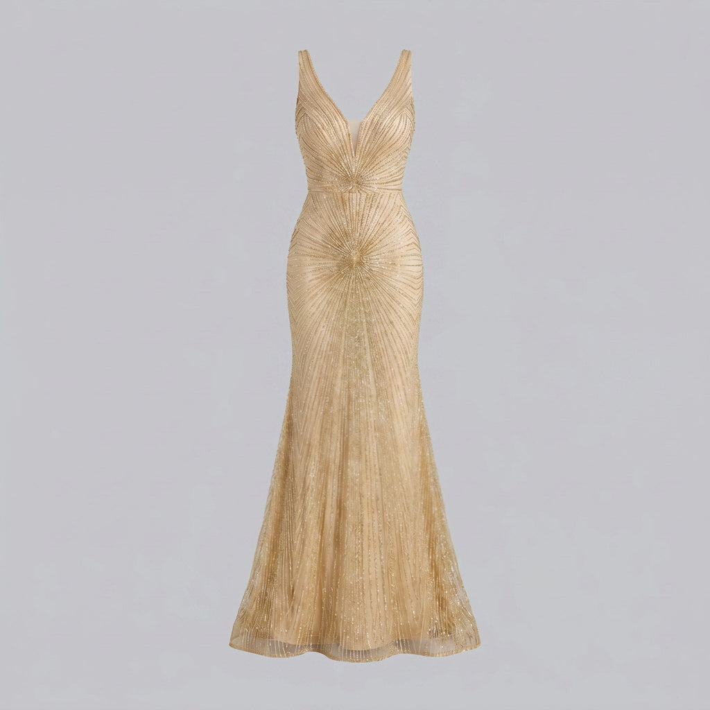 Women's Beaded Fit and Flare Evening Gown | Sleeveless Deep V-Neck Formal Christmas Party Dress | Full Length Lined Maxi