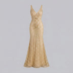 Women's Beaded Fit and Flare Evening Gown | Sleeveless Deep V-Neck Formal Christmas Party Dress | Full Length Lined Maxi