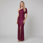 Women's Sequin One-Shoulder Maxi Dress | Fitted Christmas Party Evening Gown with Side Slit | Floor-Length Formal Wear