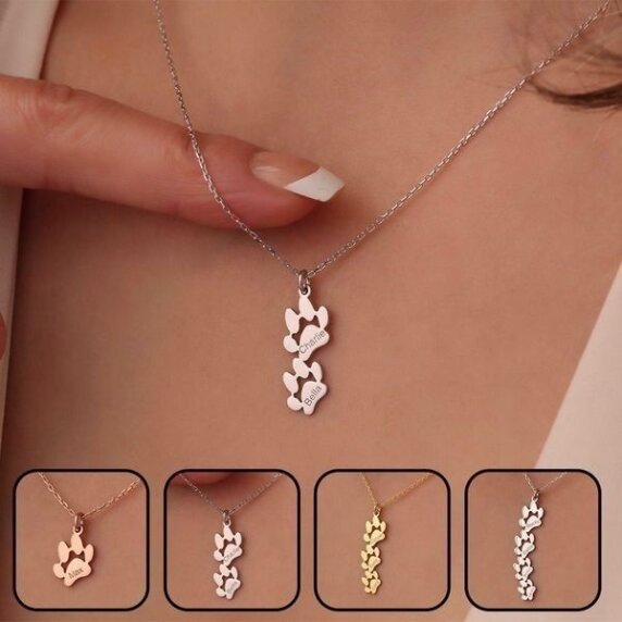 Personalized Pet Paw Print Necklace with Custom Engraved Name - Stainless Steel Memorial Jewelry for Dog and Cat Lovers