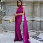 Women's Satin Halter Neck Maxi Dress – Backless Evening Gown with Long Flowing Scarf