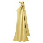 Women's Satin Halter Neck Maxi Dress – Backless Evening Gown with Long Flowing Scarf