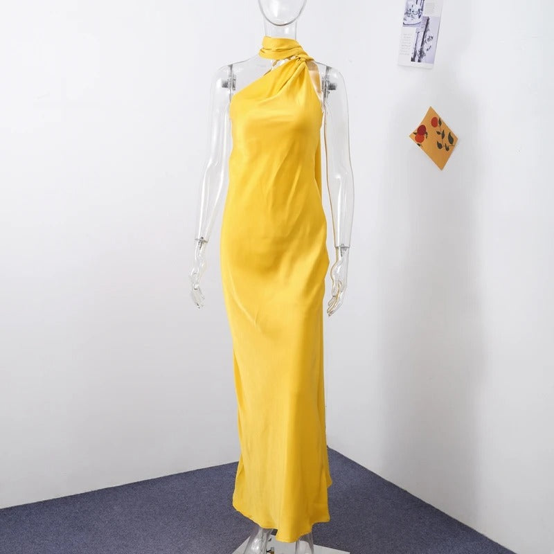 Women's Satin Halter Neck Maxi Dress – Backless Evening Gown with Long Flowing Scarf