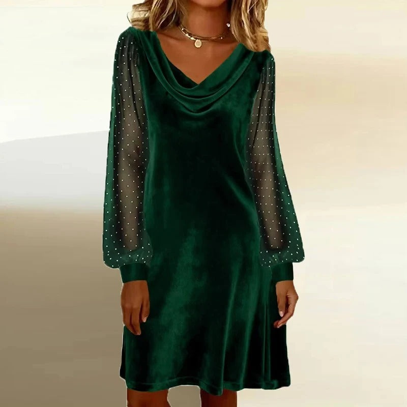 Women's Velvet Mini Dress – Long Sleeve Cowl Neck Bodycon Party Dress