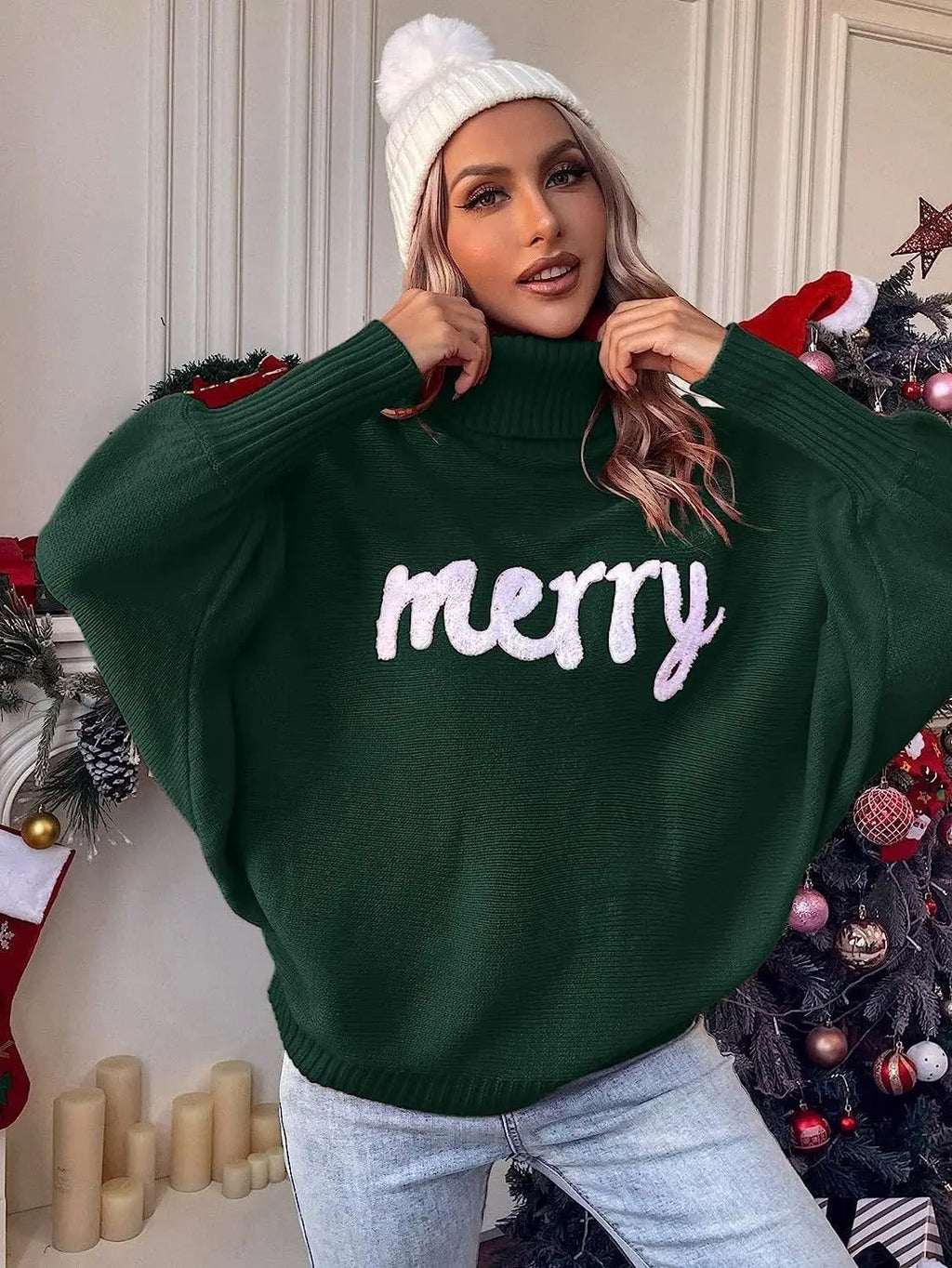Women's Christmas Sweater – Oversized Turtleneck Knit Pullover with Merry Letter Print