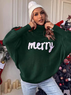 Women's Christmas Sweater – Oversized Turtleneck Knit Pullover with Merry Letter Print