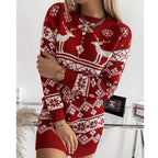 Women's Christmas Knit Sweater Dress – Reindeer and Snowflake Pattern Long Sleeve Pullover