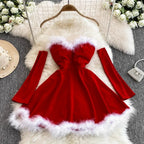 Women's Red Christmas Mini Dress – Long Sleeve Flared Dress with Fluffy Trim