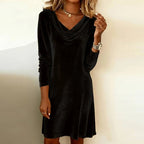 Women's Velvet Mini Dress – Long Sleeve Cowl Neck Bodycon Party Dress