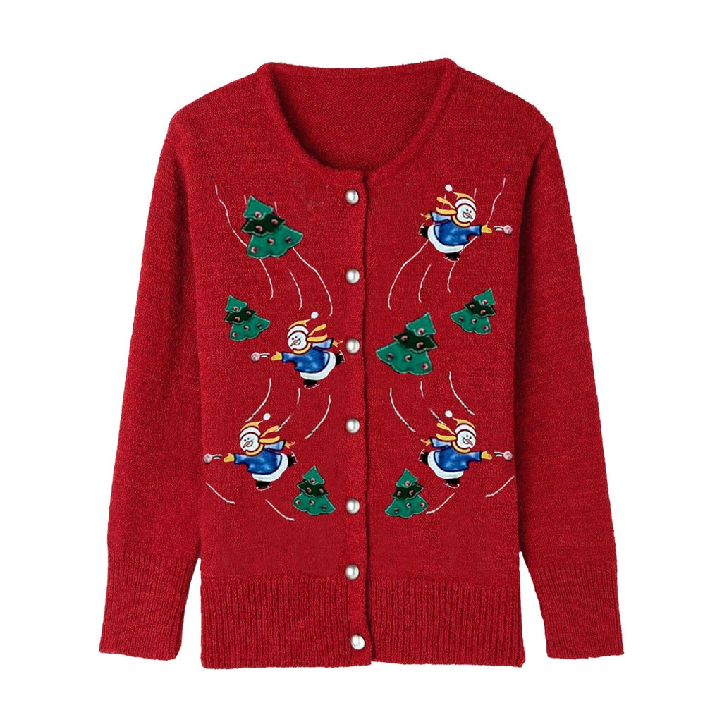 Women's Christmas Cardigan – Snowman Embroidery Button-Up Knit Sweater