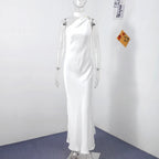 Women's Satin Halter Neck Maxi Dress – Backless Evening Gown with Long Flowing Scarf