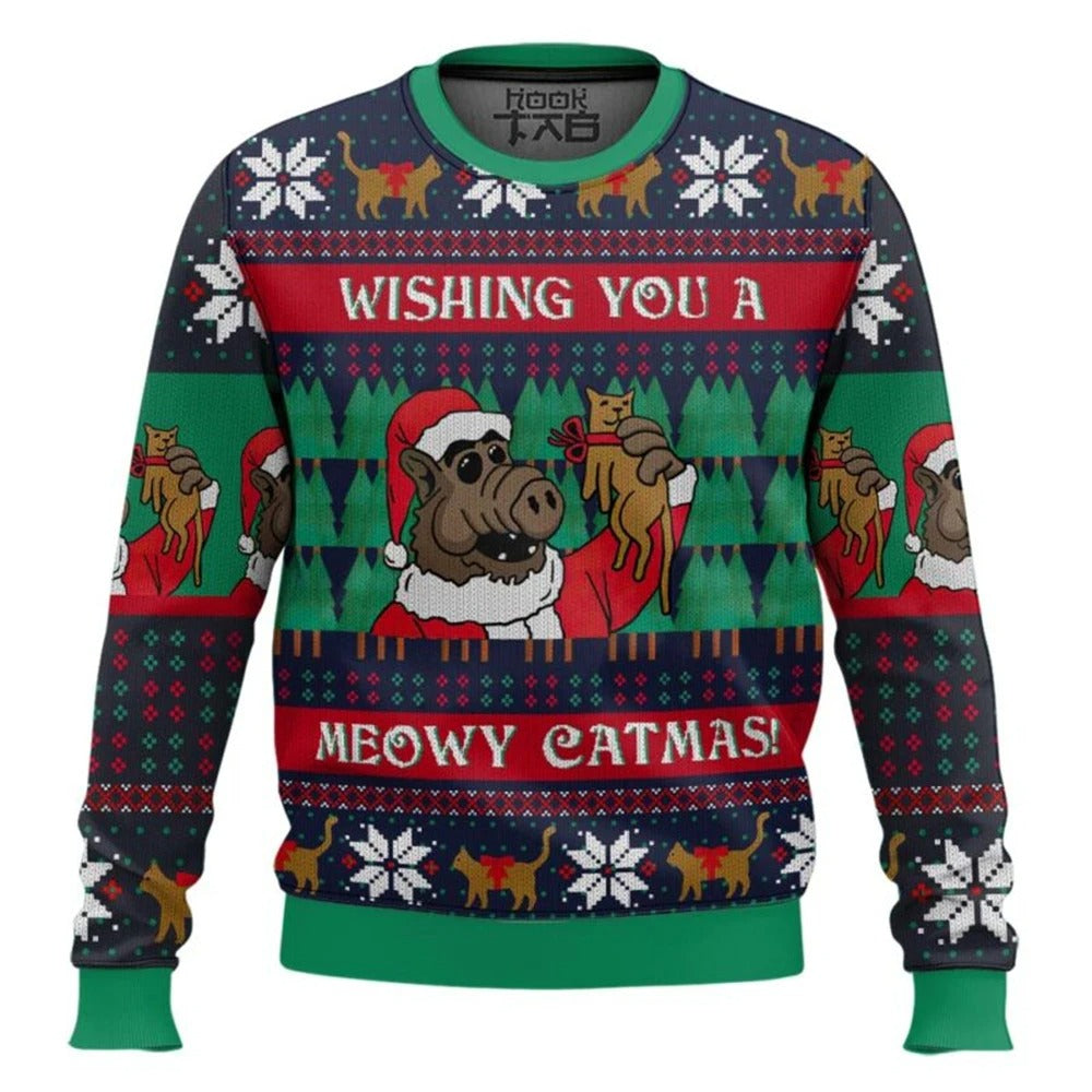 Unisex Funny Christmas Sweater – Screaming Cat Meme Graphic Holiday Pullover