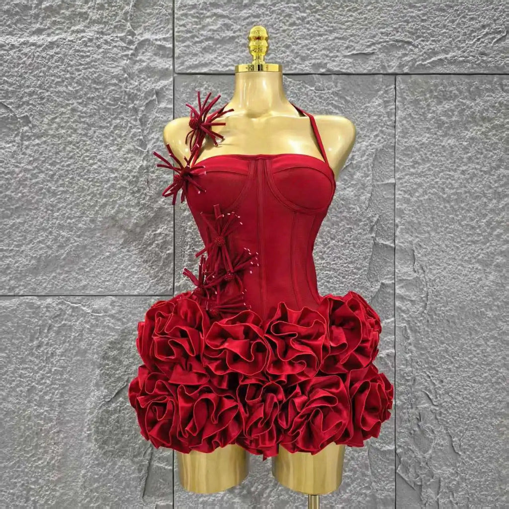 Women's Strapless Red Mini Dress – Floral Ruffle Bodycon Party Dress