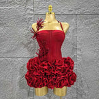 Women's Strapless Red Mini Dress – Floral Ruffle Bodycon Party Dress