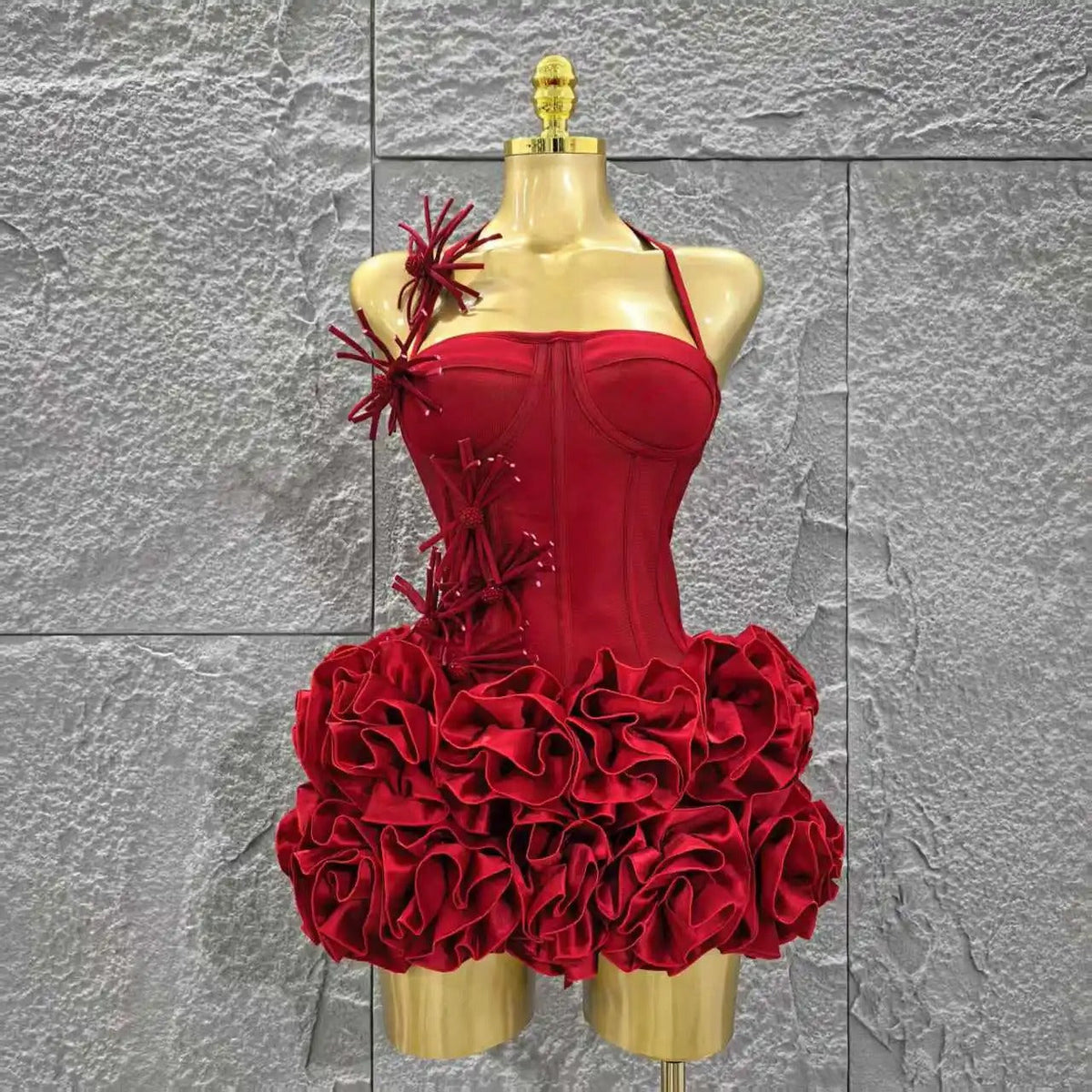 Women's Strapless Red Mini Dress – Floral Ruffle Bodycon Party Dress