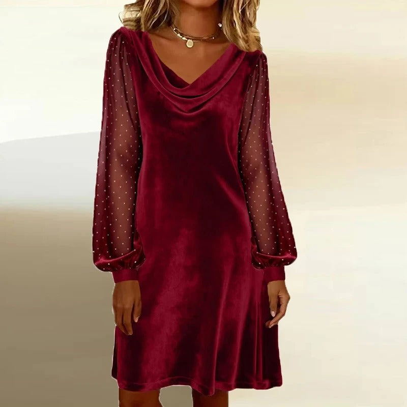 Women's Velvet Mini Dress – Long Sleeve Cowl Neck Bodycon Party Dress