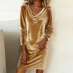 Women's Velvet Mini Dress – Long Sleeve Cowl Neck Bodycon Party Dress