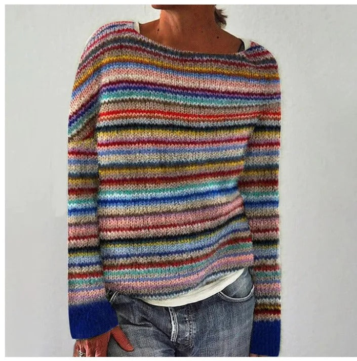 Women's Vintage Pattern Sweater – Round Neck Long Sleeve Knit Pullover