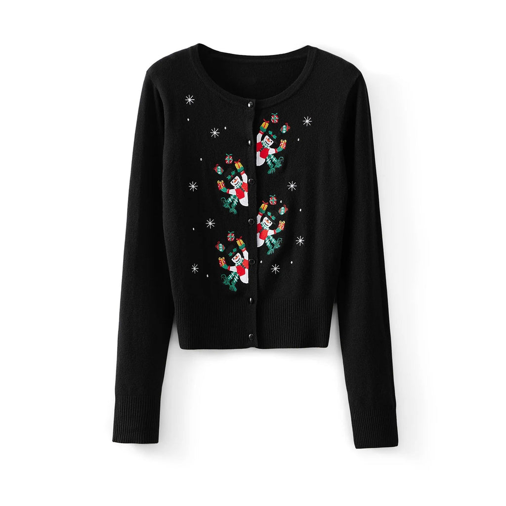 Women's Christmas Cardigan – Snowman Embroidery Button-Up Knit Sweater