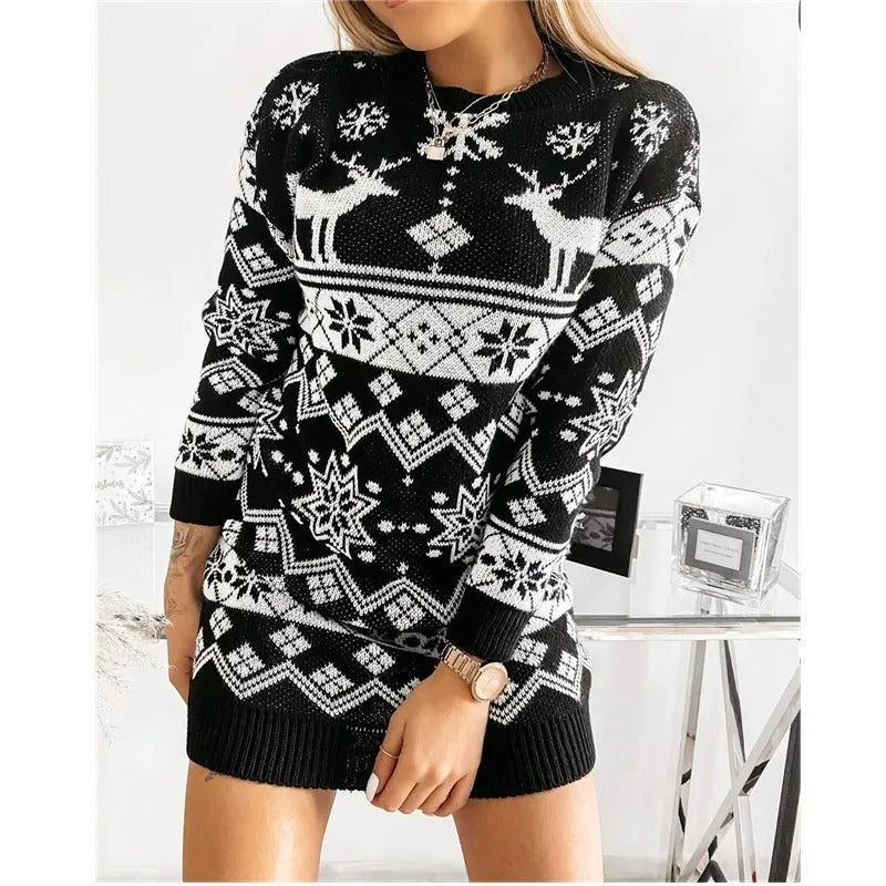 Women's Christmas Knit Sweater Dress – Reindeer and Snowflake Pattern Long Sleeve Pullover