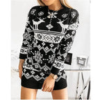 Women's Christmas Knit Sweater Dress – Reindeer and Snowflake Pattern Long Sleeve Pullover