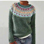 Women's Vintage Pattern Sweater – Round Neck Long Sleeve Knit Pullover