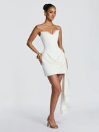 Women's Strapless Mini Dress – Elegant Bow-Pleated Hem Bodycon Party Dress
